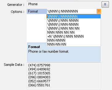DTM Data Generator for Excel: phone/fax data generator options